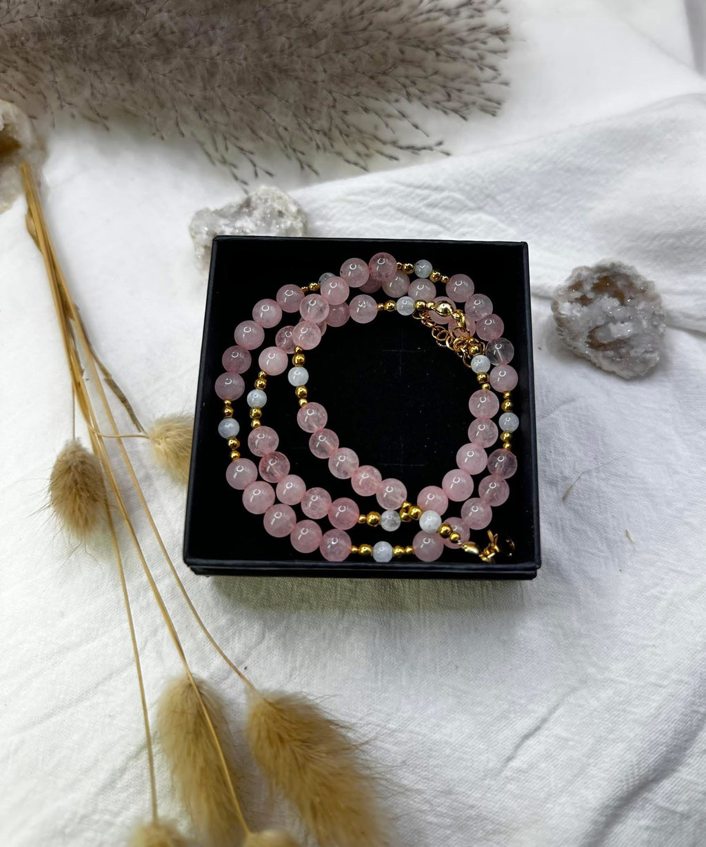 Naszyjnik „PINK LOVE” z kwarcem różowym i kamieniem księżycowym