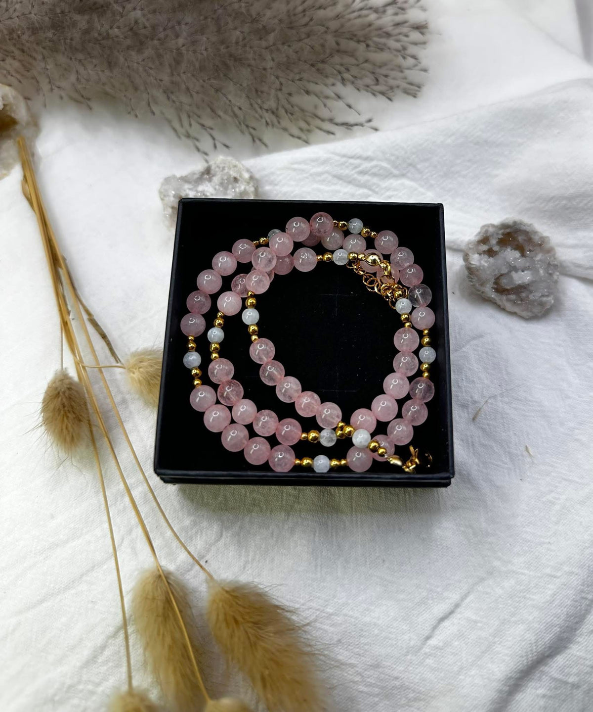 Naszyjnik „PINK LOVE” z kwarcem różowym i kamieniem księżycowym